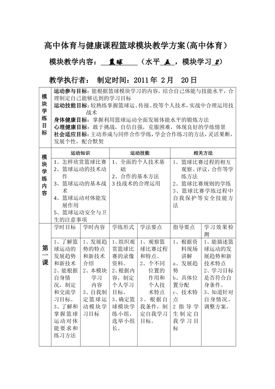 高中体育与健康课程篮球模块教学方案1_第1页