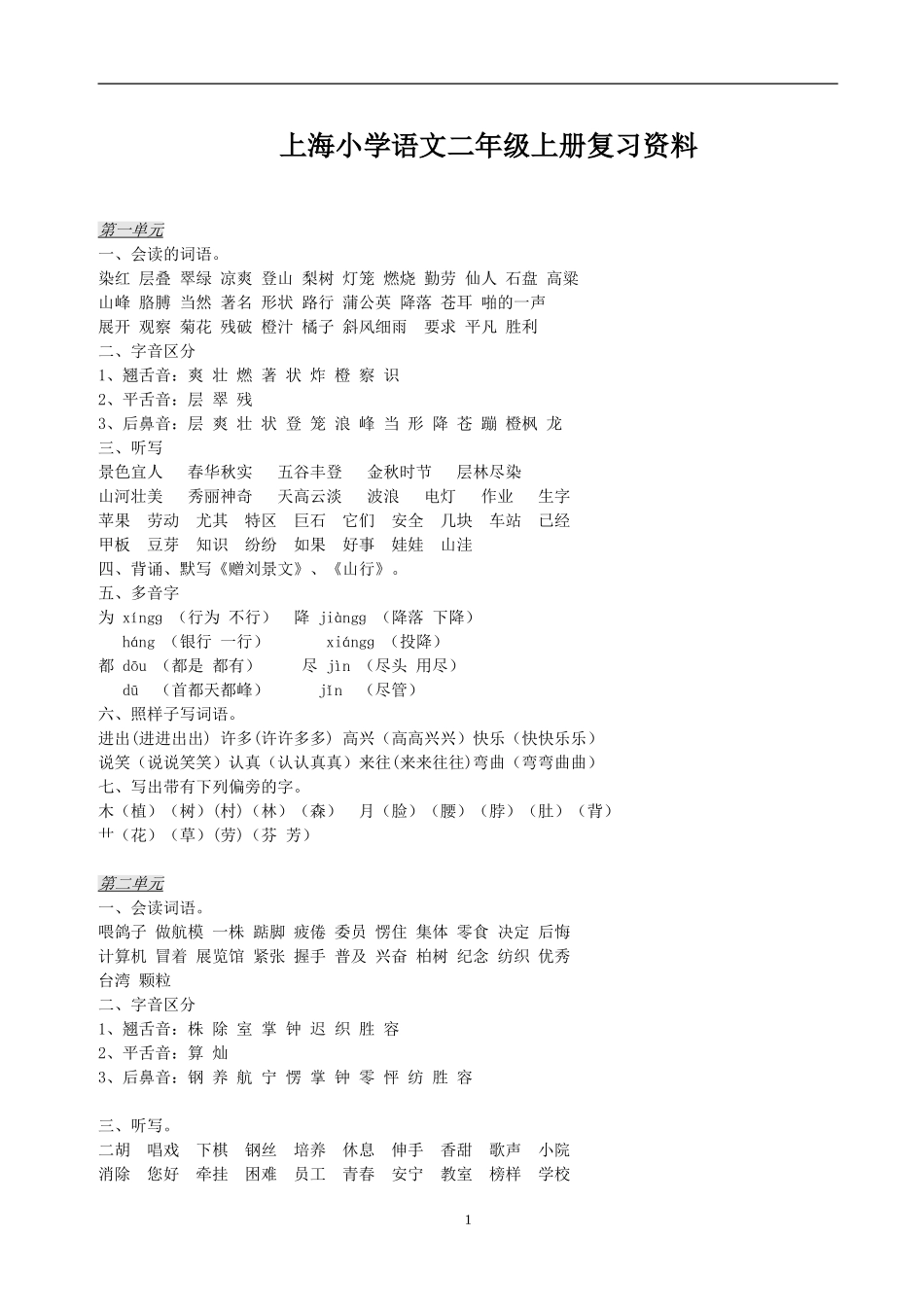 上海小学语文二年级上册复习资料_第1页
