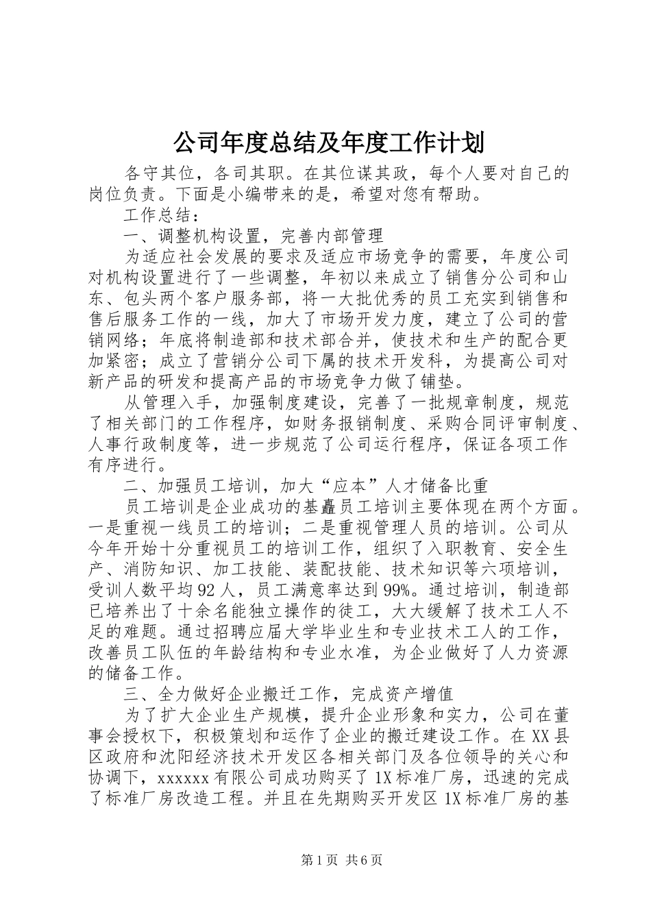 公司年度总结及年度工作计划_第1页