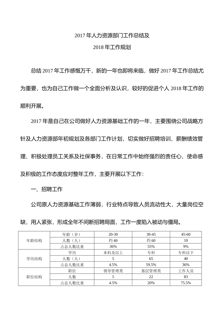 2017年人力资源部门工作总结及2018年工作计划_第1页