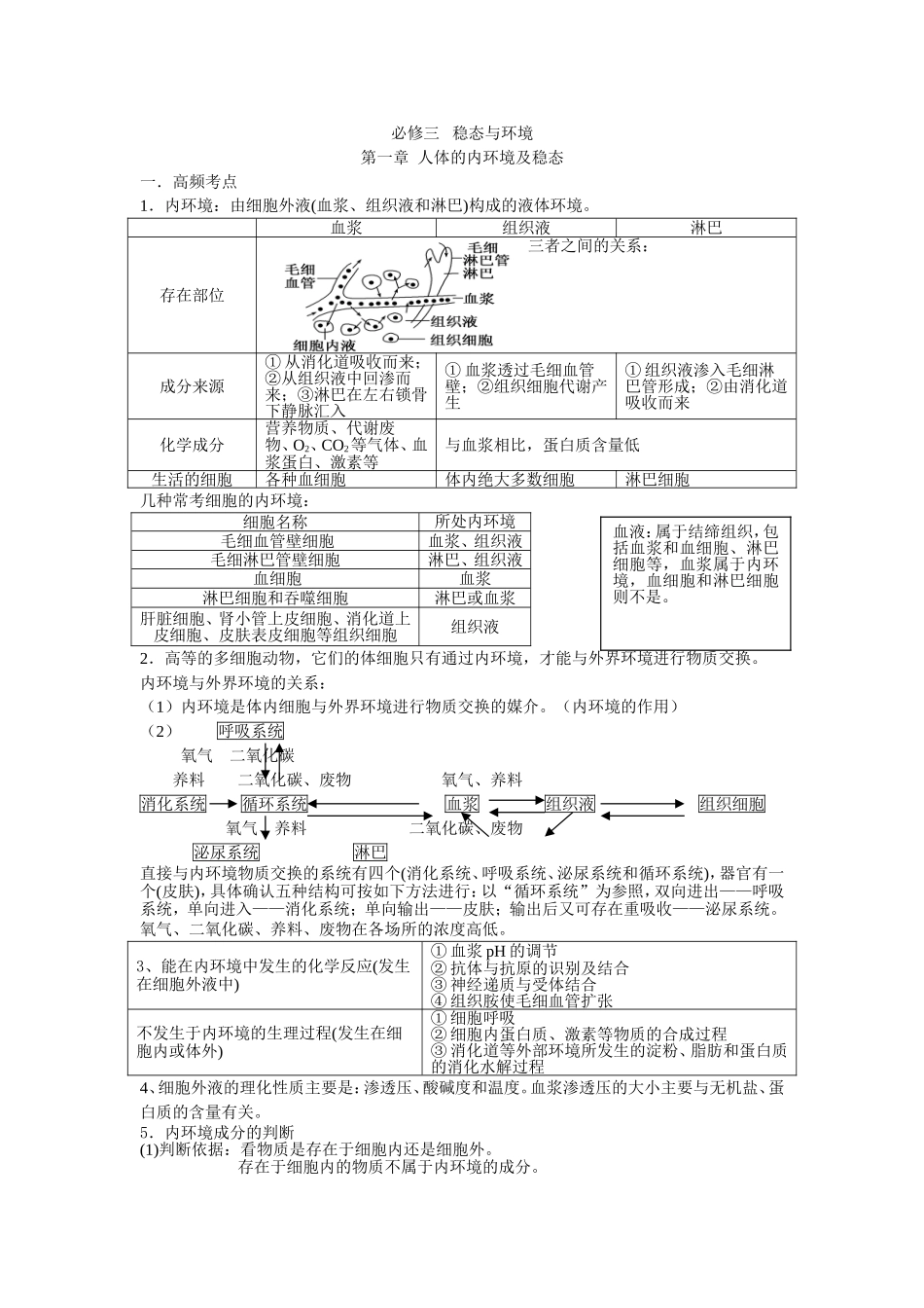 人教版生物必修三第一单元复习学案_第1页