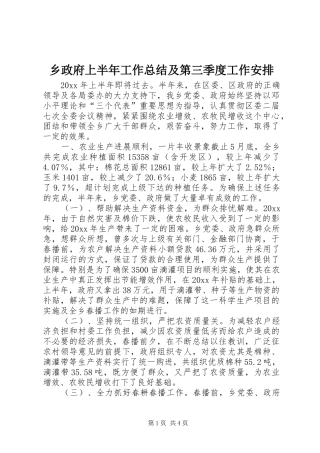乡政府上半年工作总结及第三季度工作安排