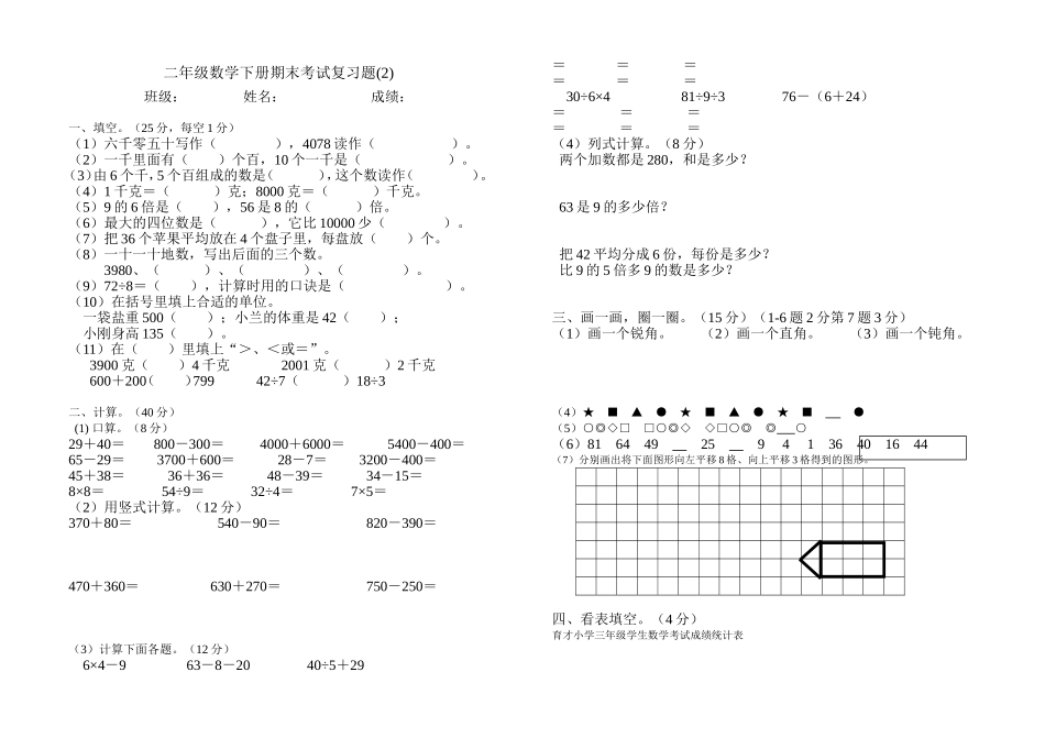 新人教版二年级数学下册册期末考试复习题2(已整理) (2)_第1页