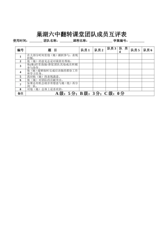巢湖六中翻转课堂团队成员互评表