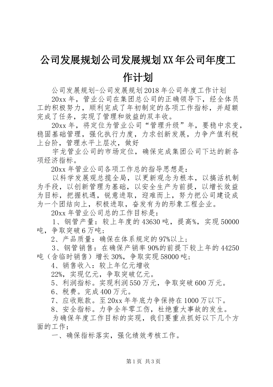 公司发展规划公司发展规划XX年公司年度工作计划_第1页