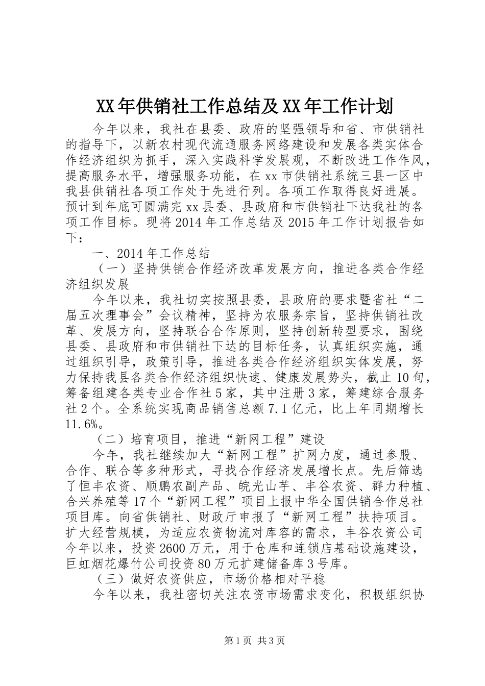 XX年供销社工作总结及XX年工作计划_第1页