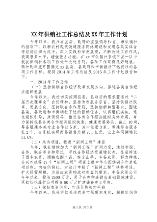 XX年供销社工作总结及XX年工作计划