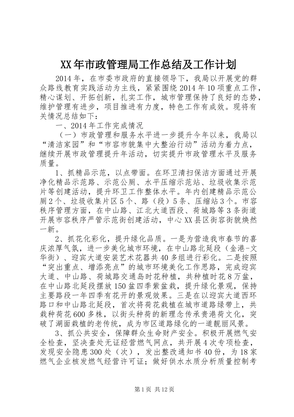 XX年市政管理局工作总结及工作计划_第1页