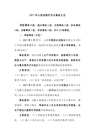 2017年山西省煤矿安全事故汇总