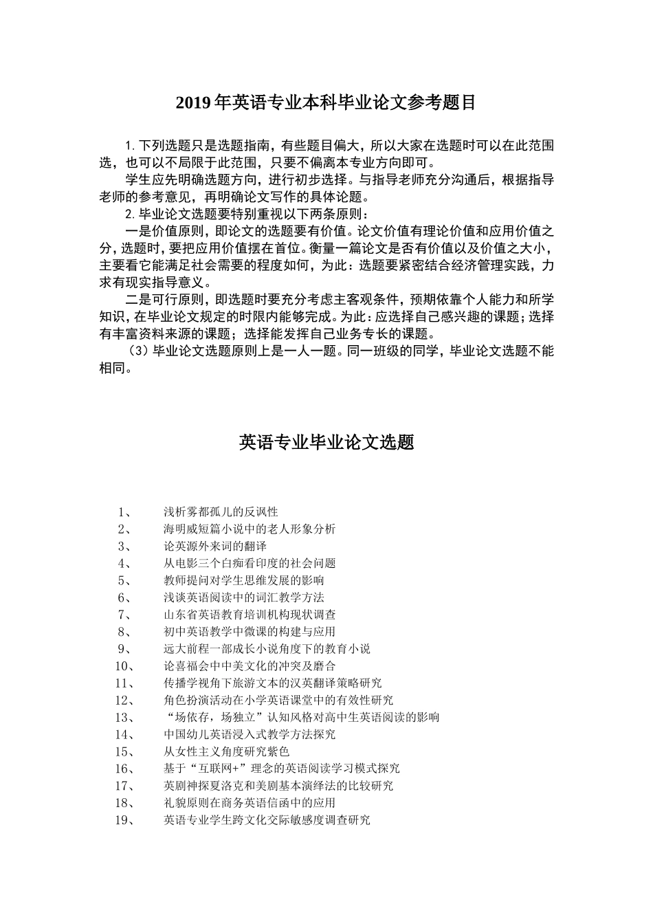 2019年英语专业本科毕业论文参考题目_第1页