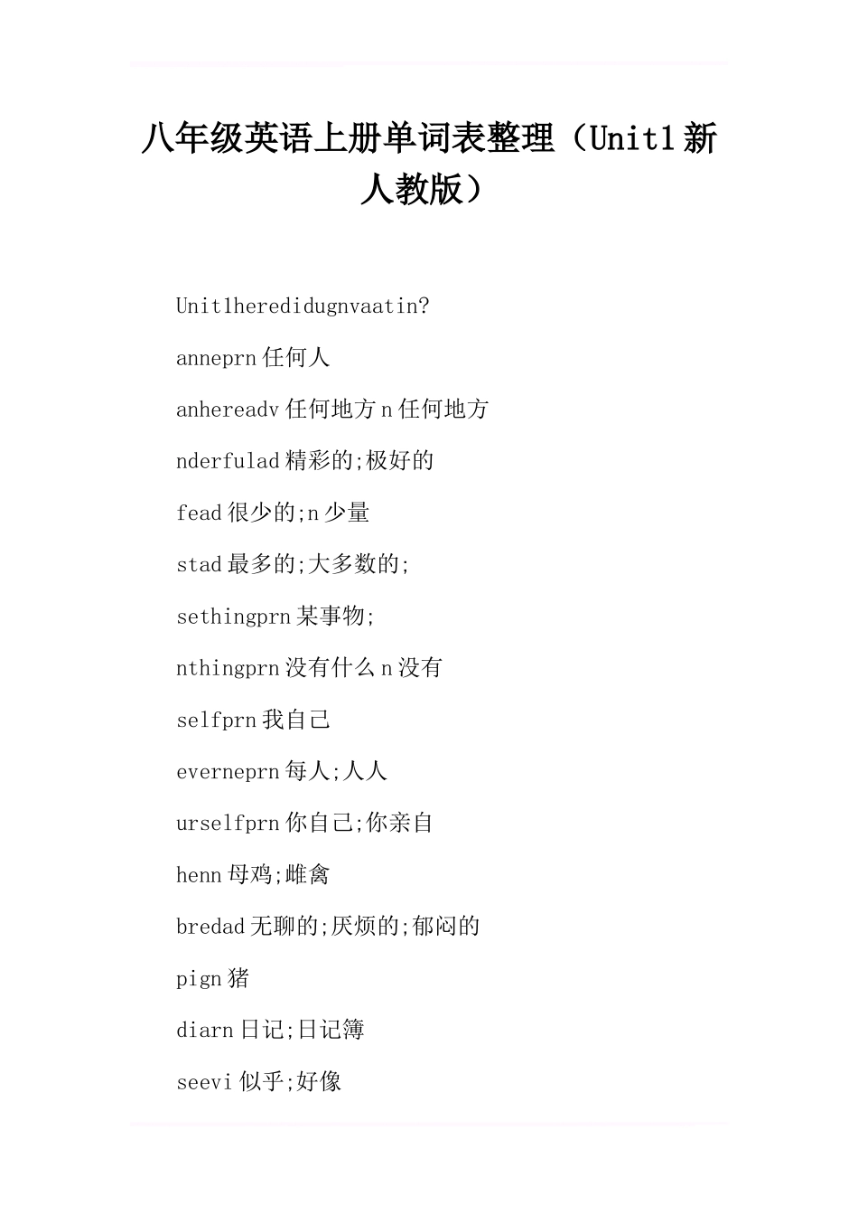 八年级英语上册单词表整理(Unit1新人教版)_第1页