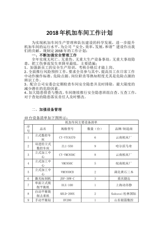 2018年机加车间工作计划
