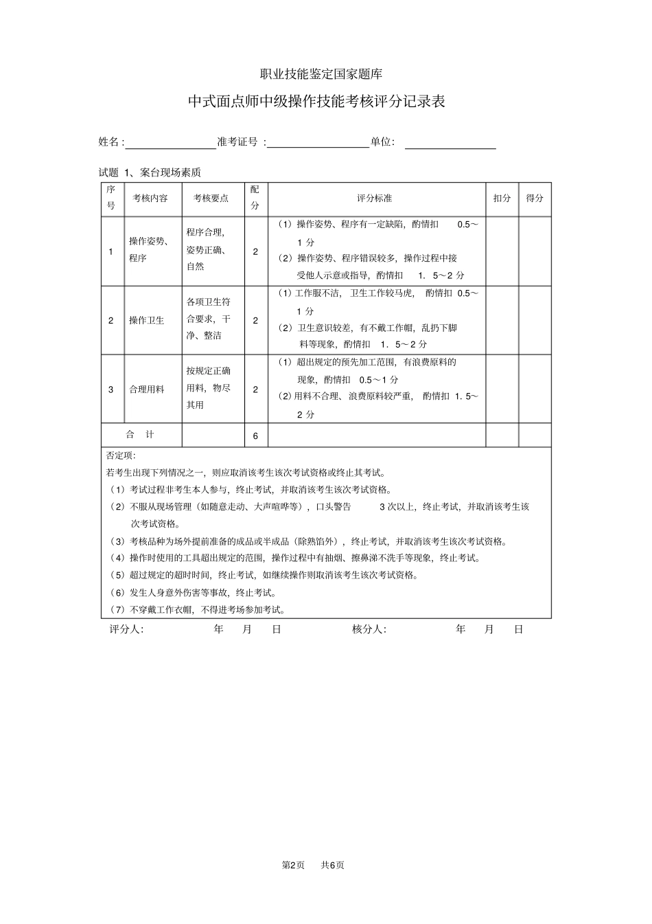 中式面点师中级评分记录表_第2页