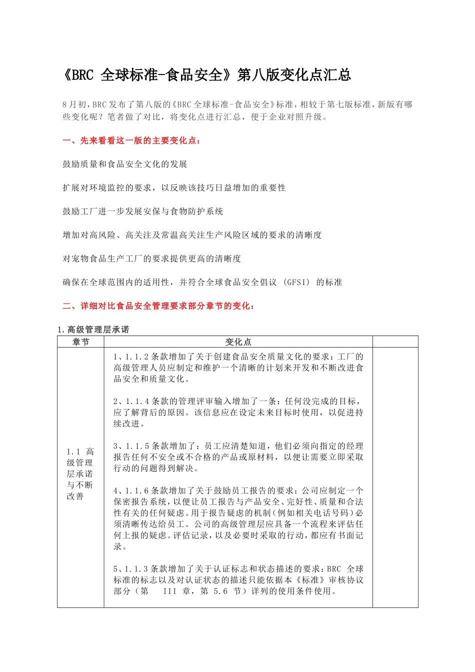 《BRC 全球标准-食品安全》第八版变化点汇总_第1页