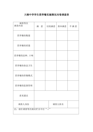 大柳中学学生营养餐实施情况问卷调查表