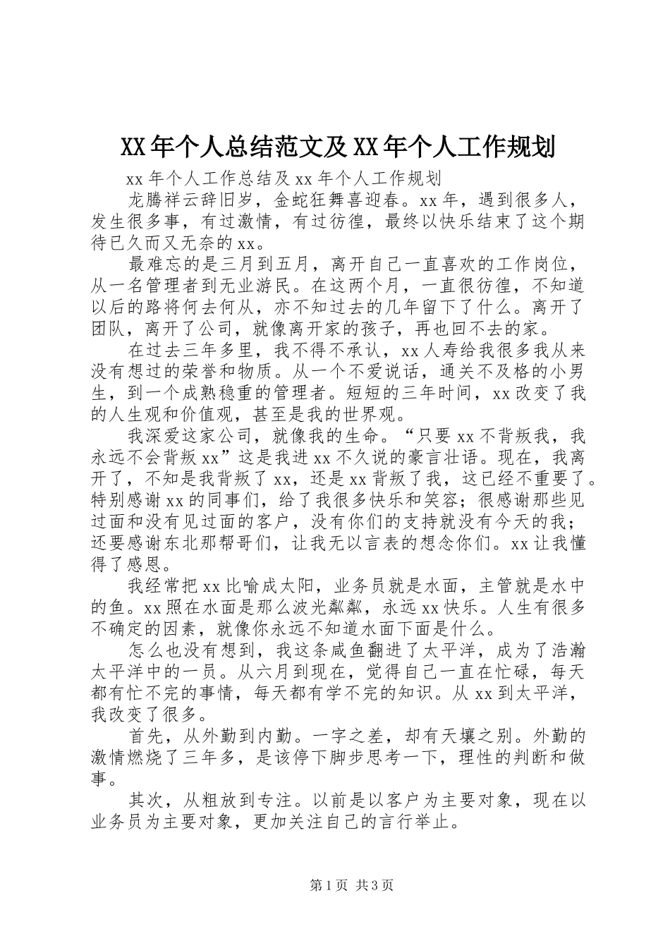 XX年个人总结范文及XX年个人工作规划_第1页