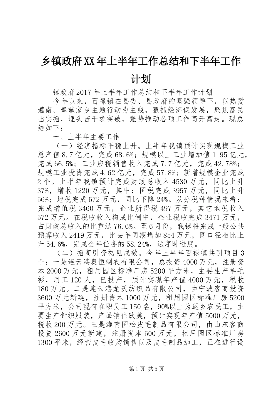 乡镇政府XX年上半年工作总结和下半年工作计划_第1页