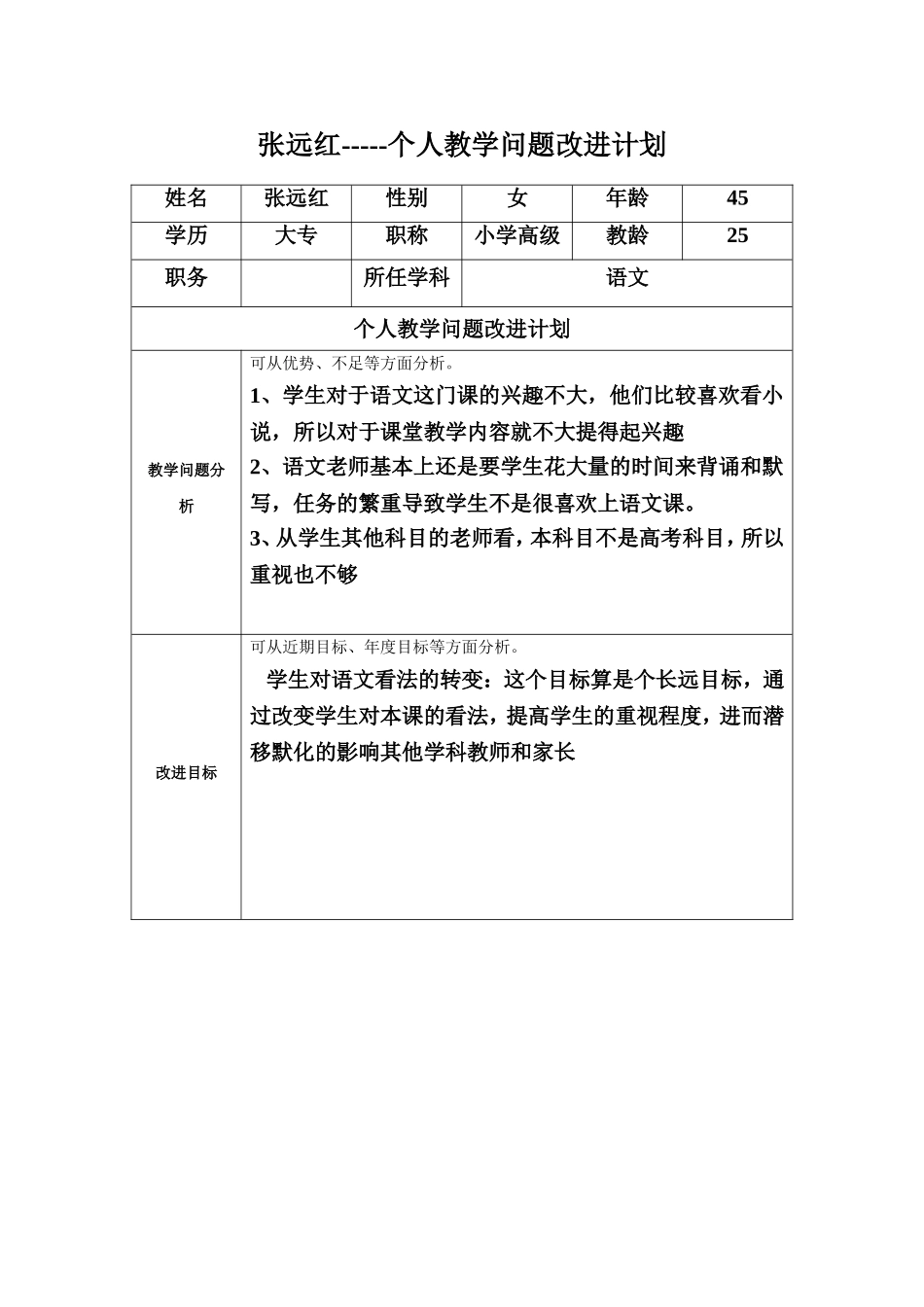 张远红个人教学问题改进计划模板_第1页