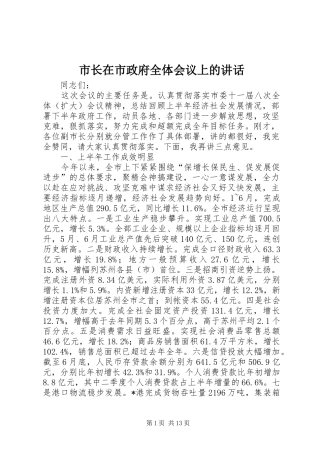 市长在市政府全体会议上的讲话