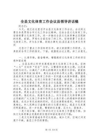 全县文化体育工作会议县领导讲话稿