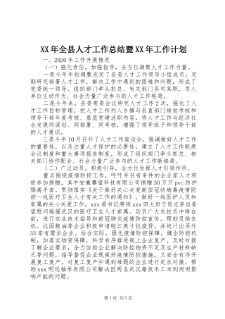 XX年全县人才工作总结暨XX年工作计划