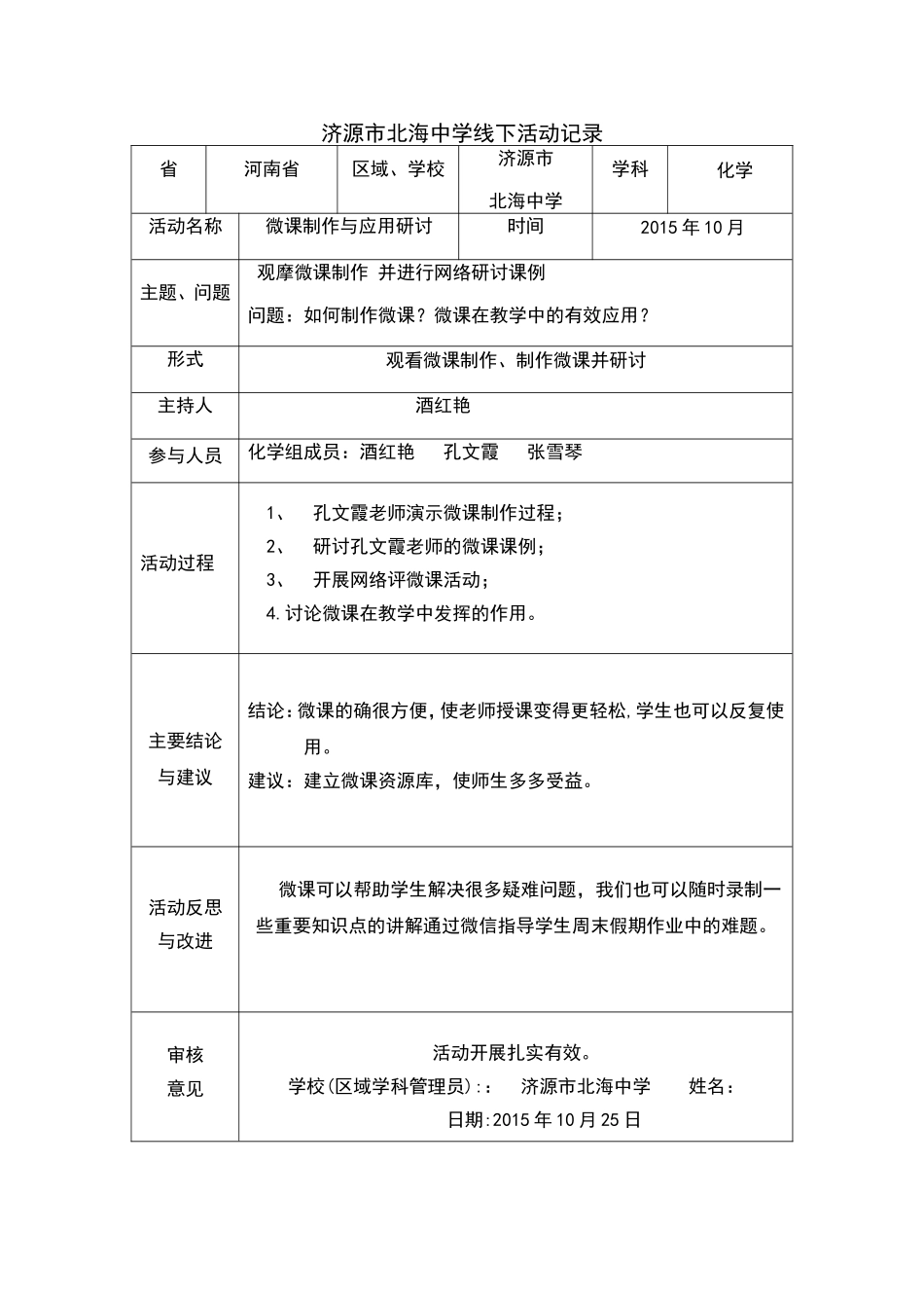 济源市北海中学化学组线下活动记录表_第1页