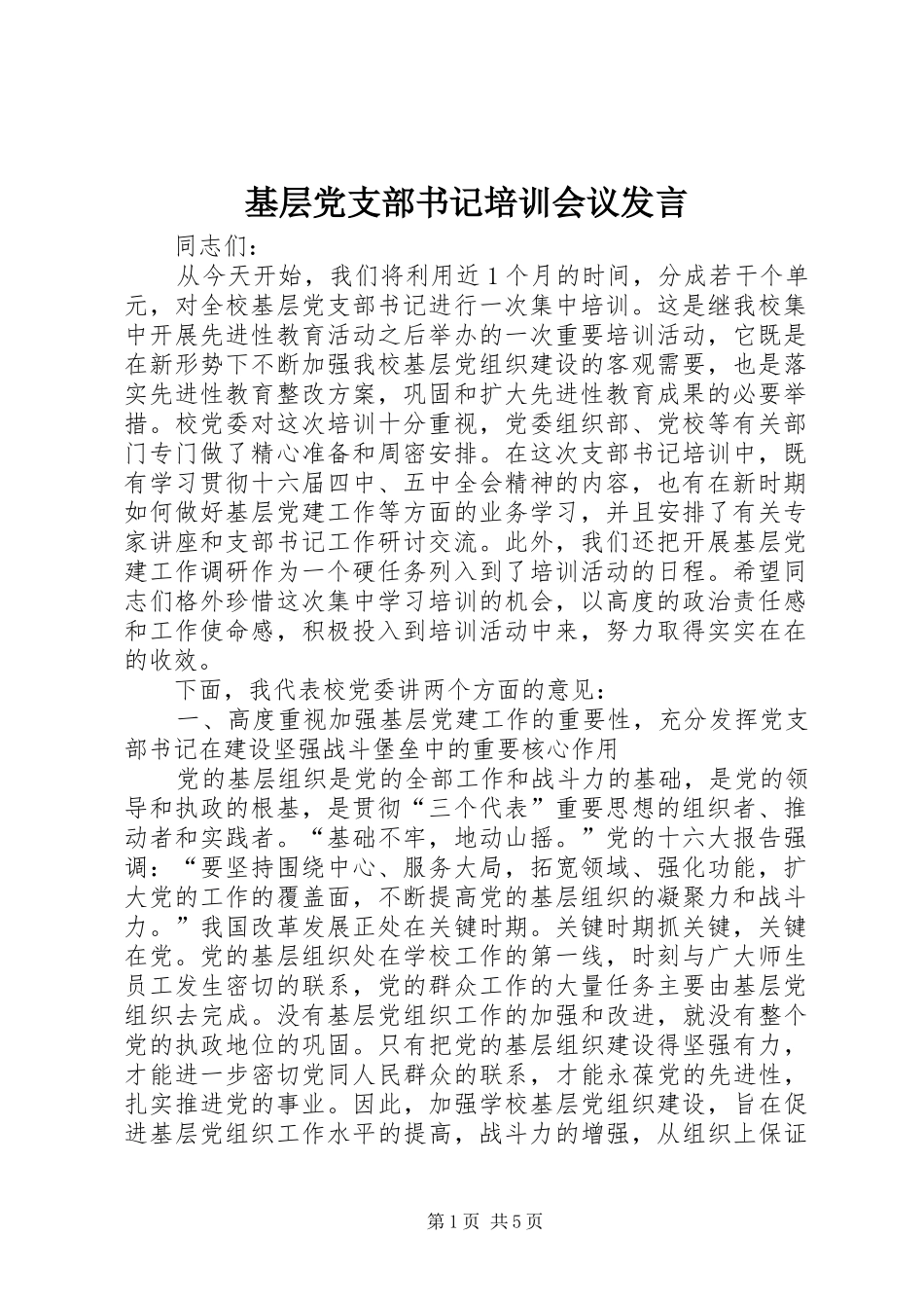 基层党支部书记培训会议发言_第1页