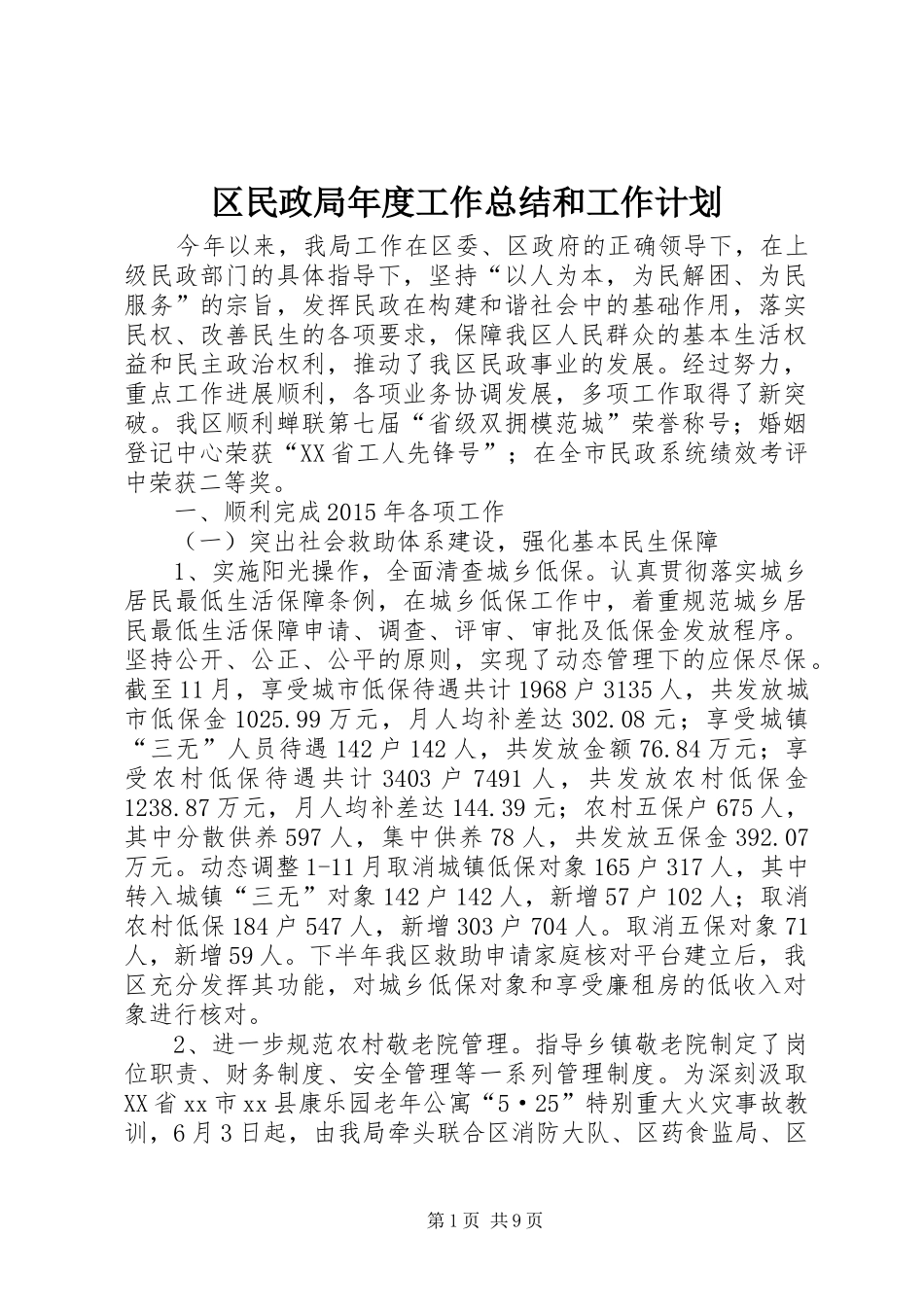 区民政局年度工作总结和工作计划_第1页