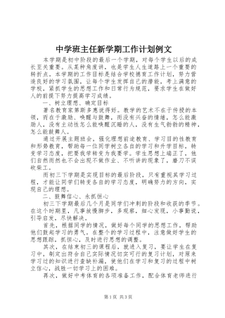 中学班主任新学期工作计划例文