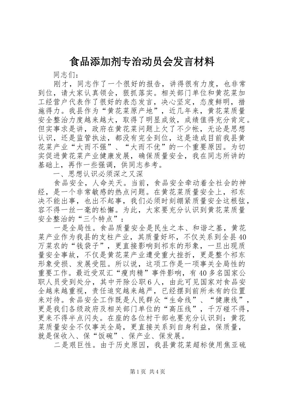 食品添加剂专治动员会发言材料_第1页