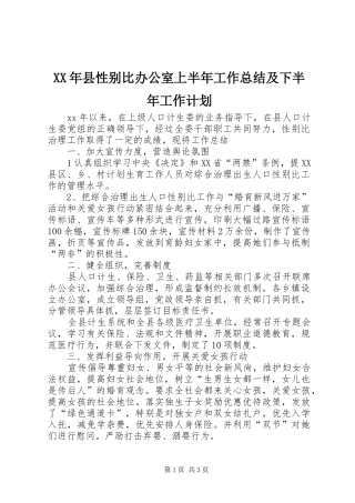XX年县性别比办公室上半年工作总结及下半年工作计划