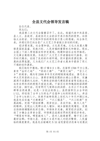 全县文代会领导发言稿