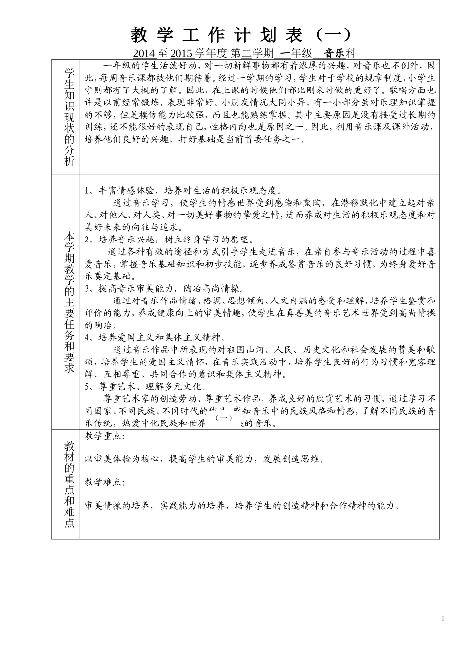 一年级下册音乐教学计划（王兰英）_第1页