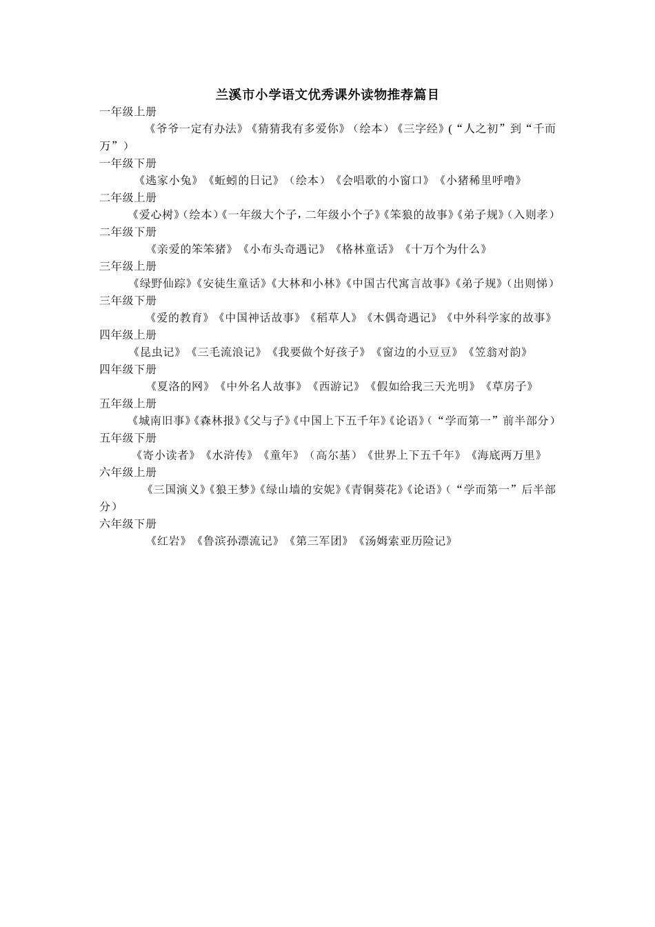 兰溪市小学语文优秀课外读物推荐篇目_第1页