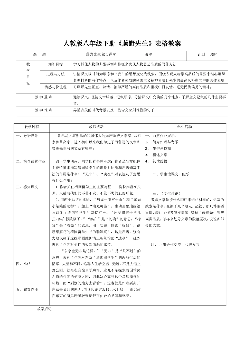 人教版八年级下册《藤野先生》表格教案_第1页