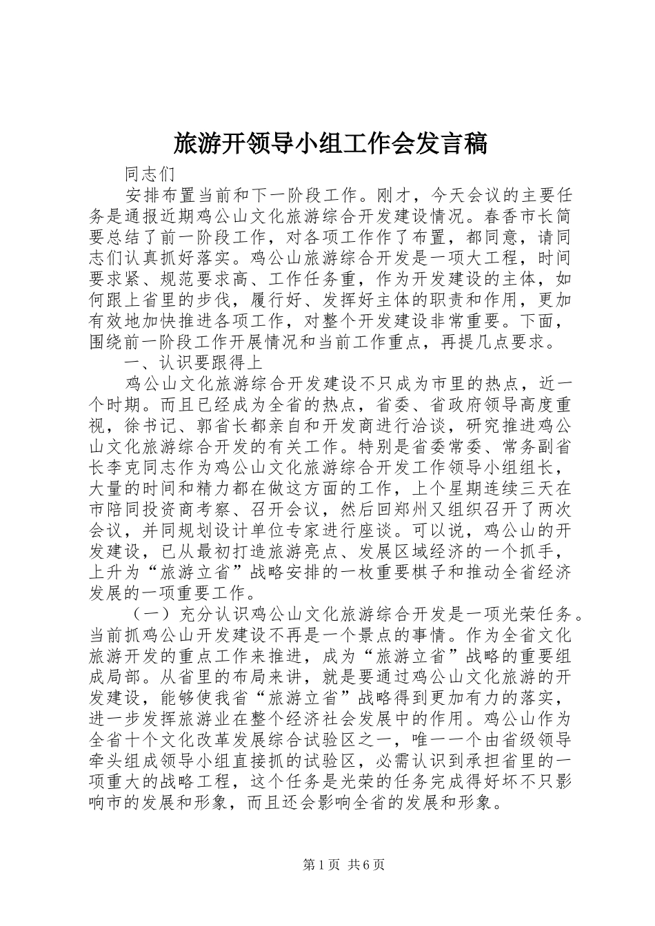 旅游开领导小组工作会发言稿_第1页