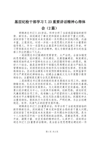 基层纪检干部学习7.23重要讲话精神心得体会（2篇）