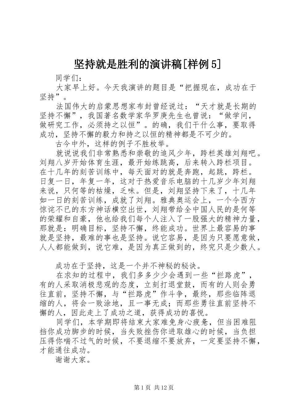 坚持就是胜利的演讲稿[样例5]_第1页