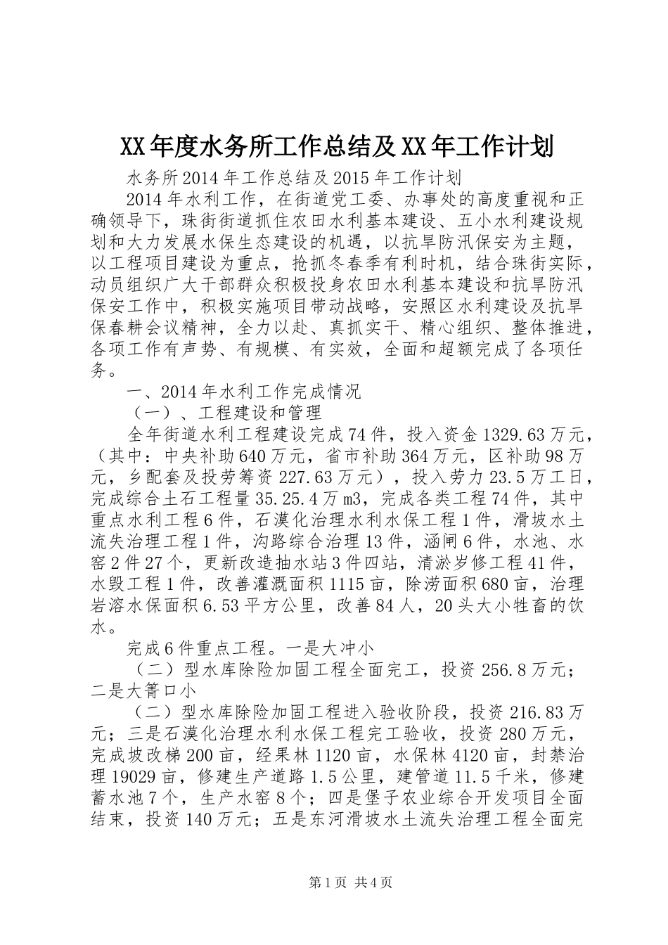 XX年度水务所工作总结及XX年工作计划_第1页