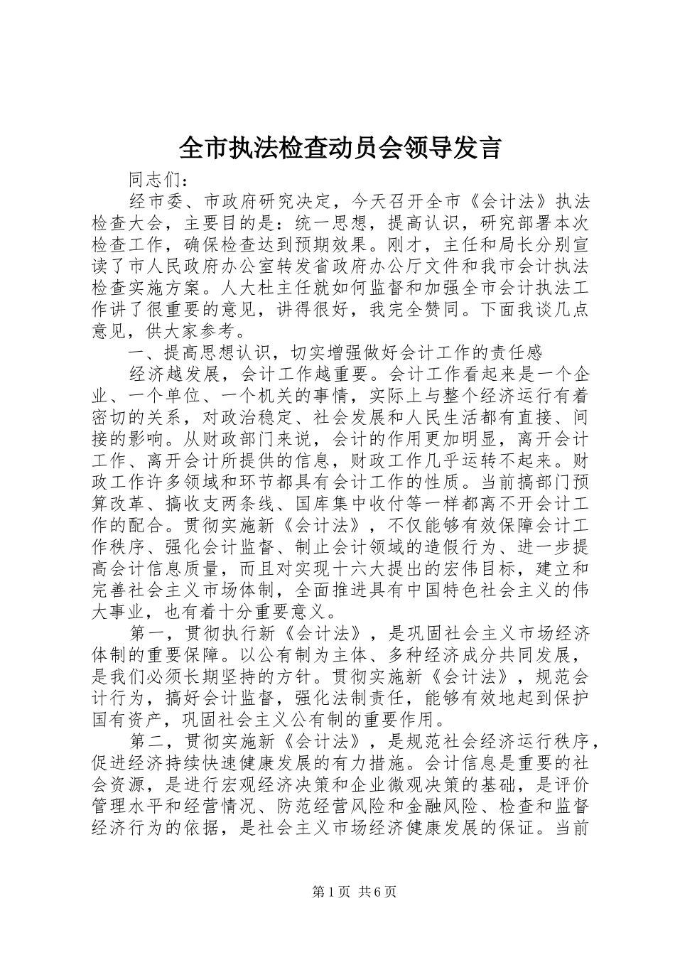 全市执法检查动员会领导发言_第1页