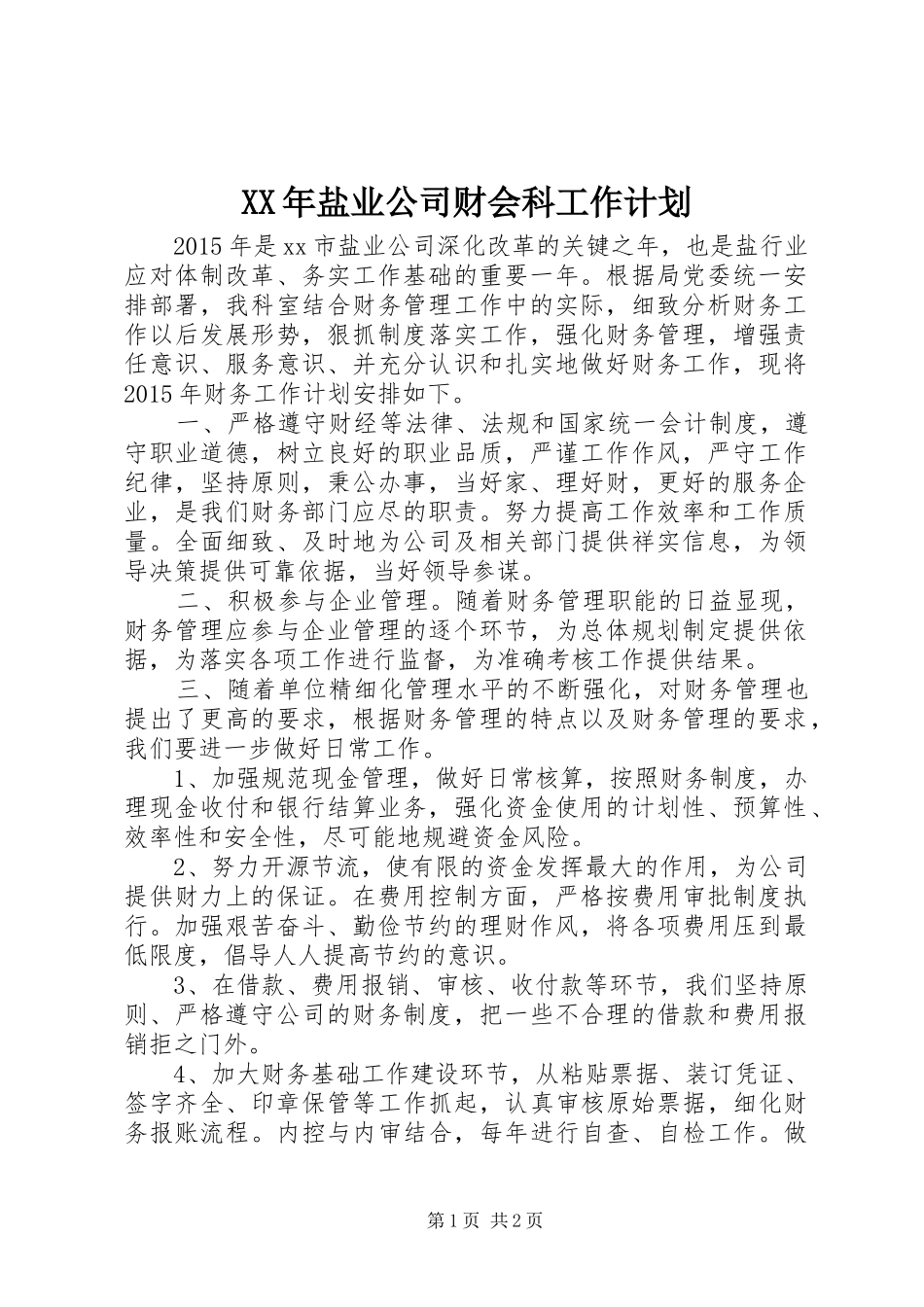XX年盐业公司财会科工作计划_第1页