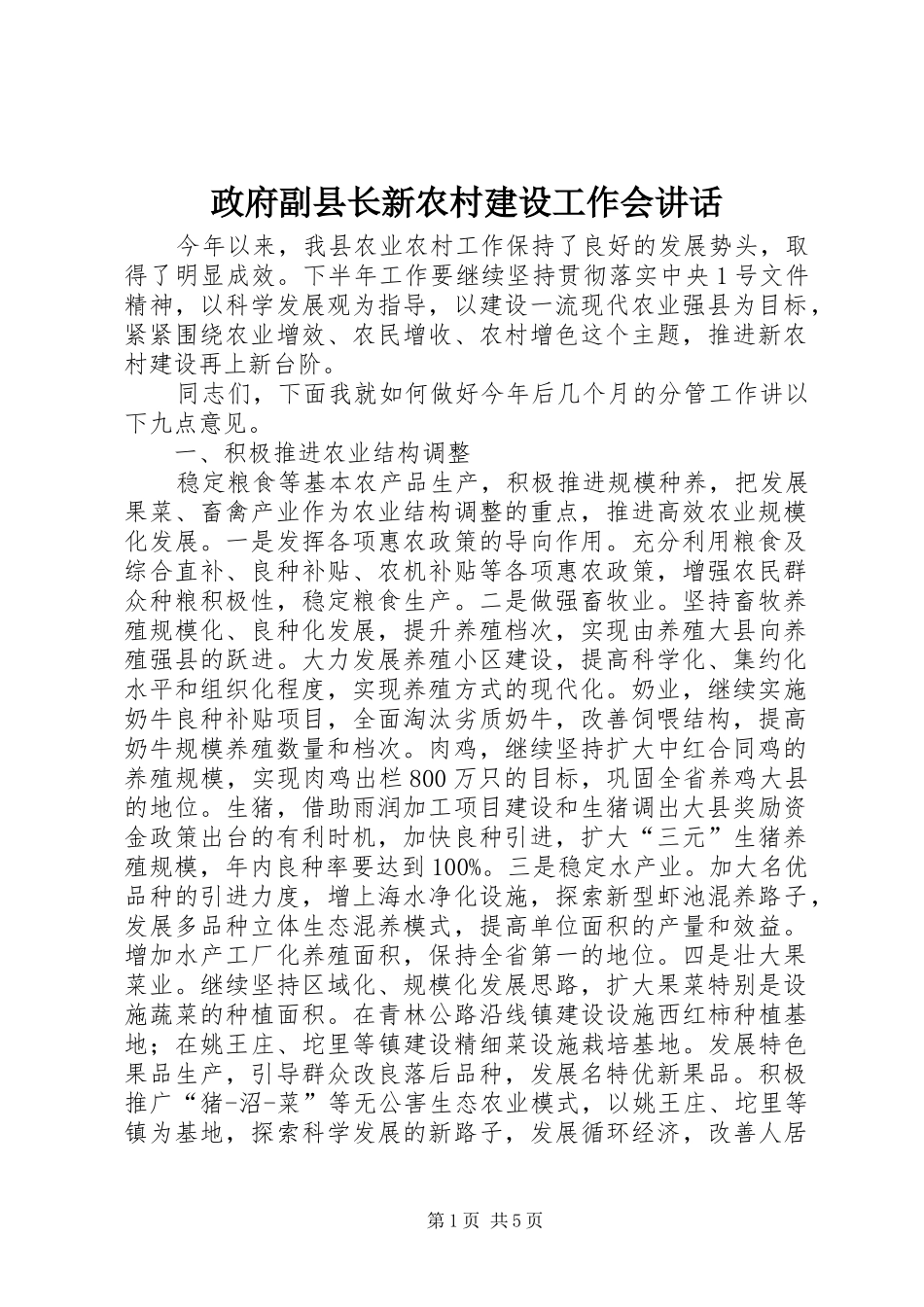 政府副县长新农村建设工作会讲话_第1页