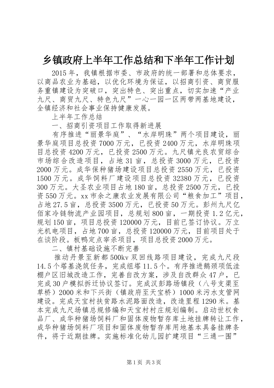 乡镇政府上半年工作总结和下半年工作计划_第1页