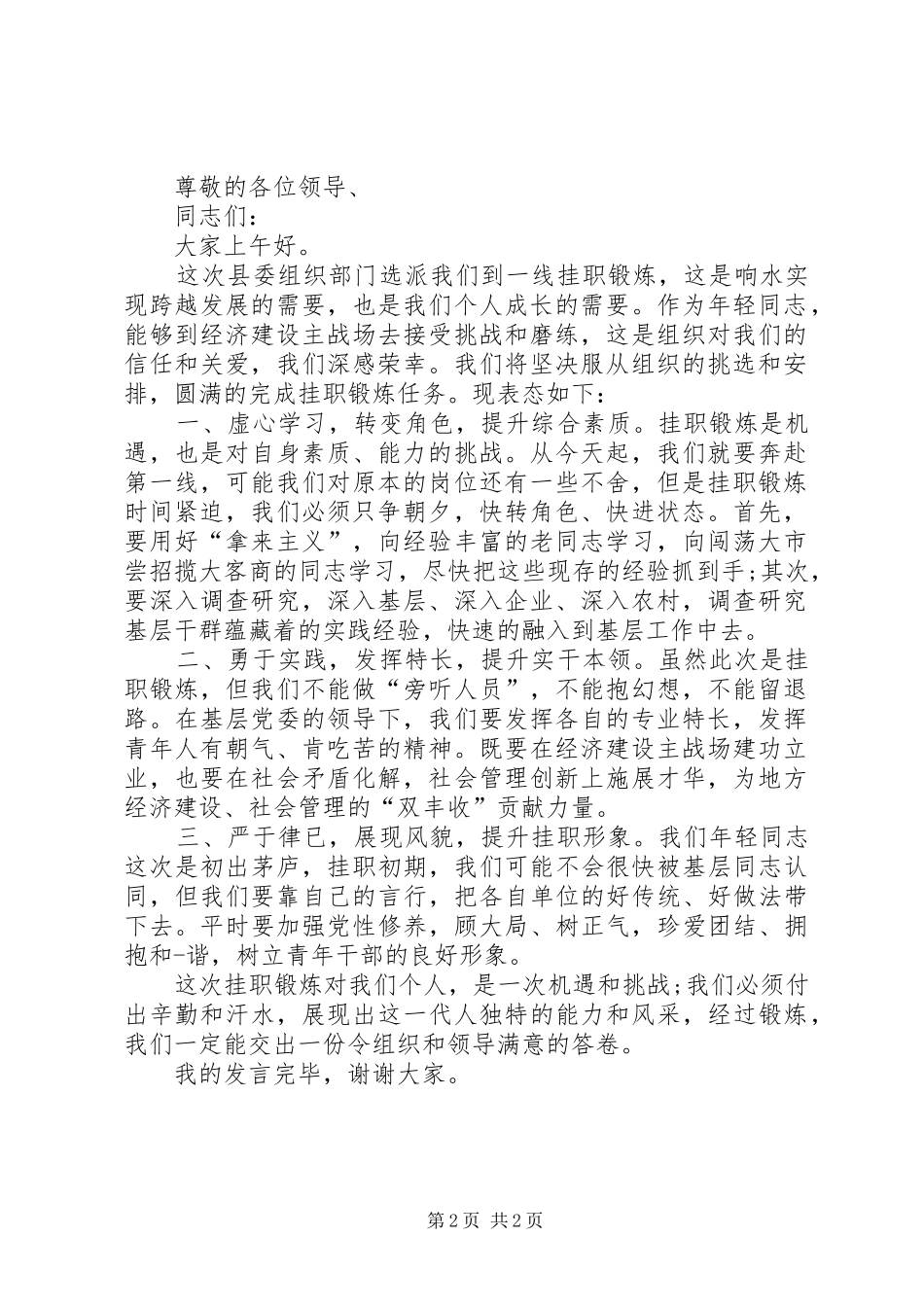 挂职干部任职表态发言_第2页