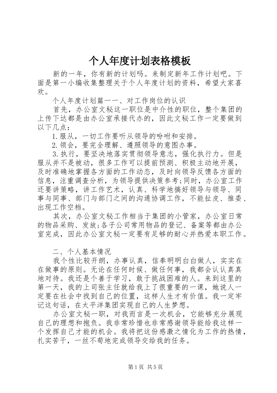 个人年度计划表格模板_第1页
