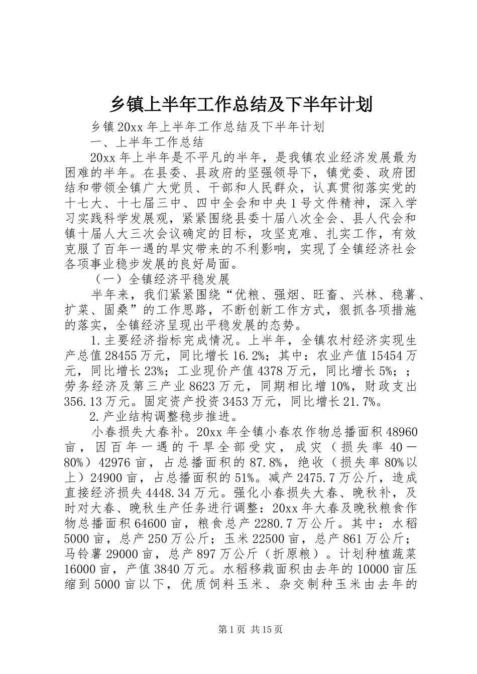 乡镇上半年工作总结及下半年计划_第1页