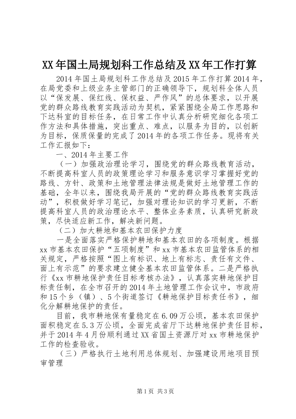 XX年国土局规划科工作总结及XX年工作打算_第1页