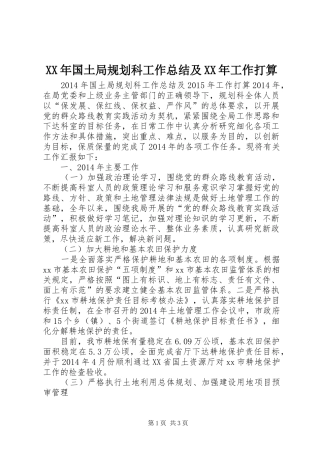XX年国土局规划科工作总结及XX年工作打算