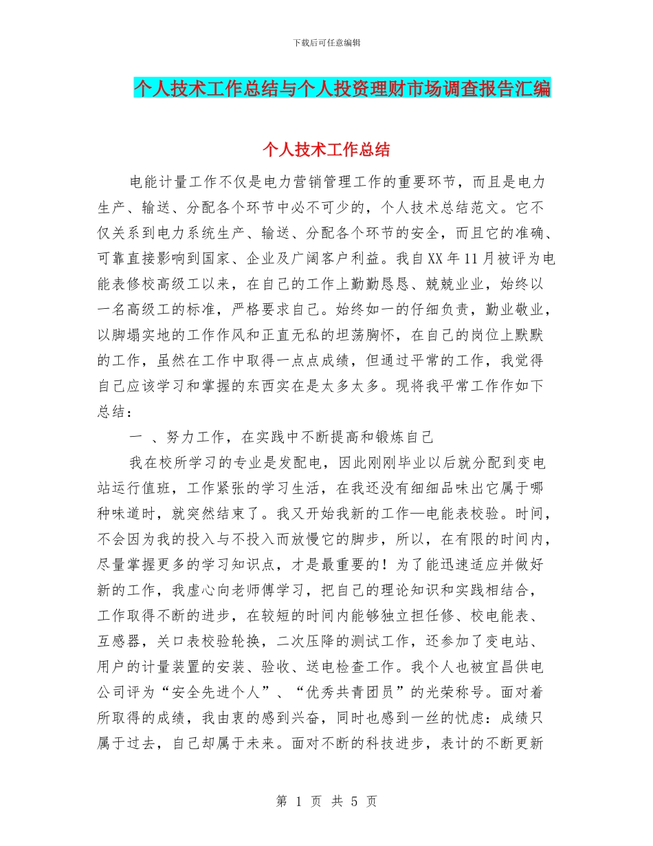 个人技术工作总结与个人投资理财市场调查报告汇编_第1页