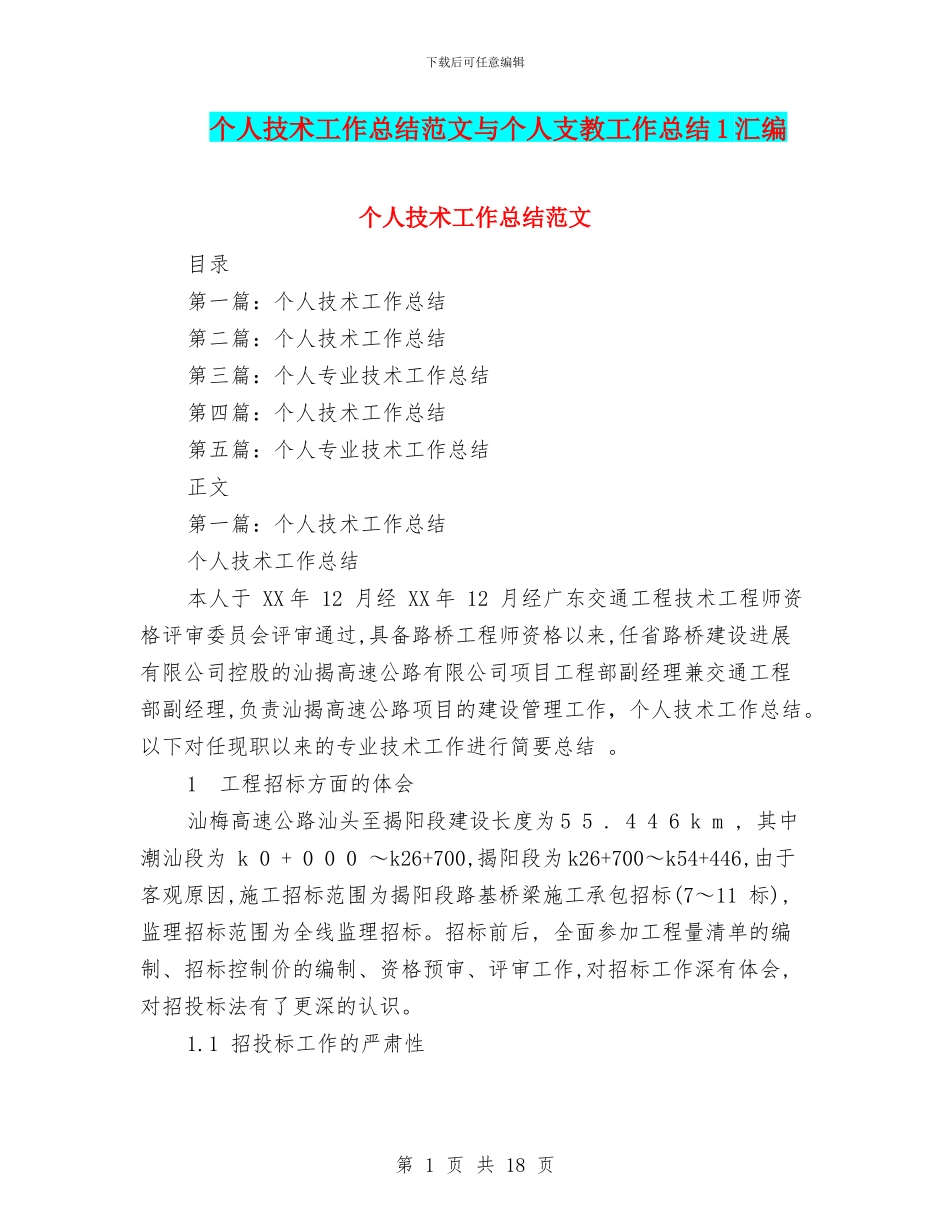 个人技术工作总结范文与个人支教工作总结1汇编_第1页